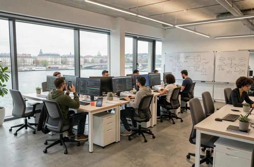Vue d'ensemble d'un bureau moderne de développement logiciel à Lyon avec des équipes collaborant sur des écrans de code