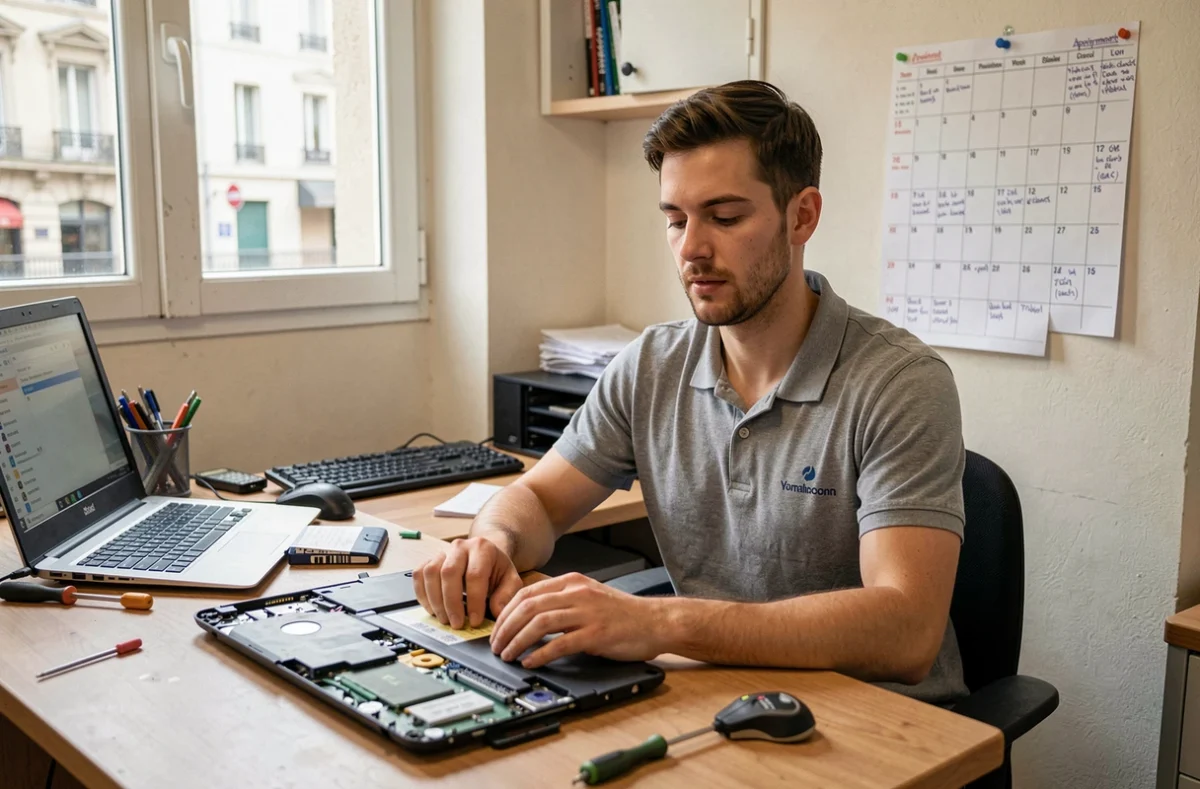 Technicien SOS Informatique en train de réparer un ordinateur portable dans sa boutique de dépannage informatique du 5e arrondissement de Lyon