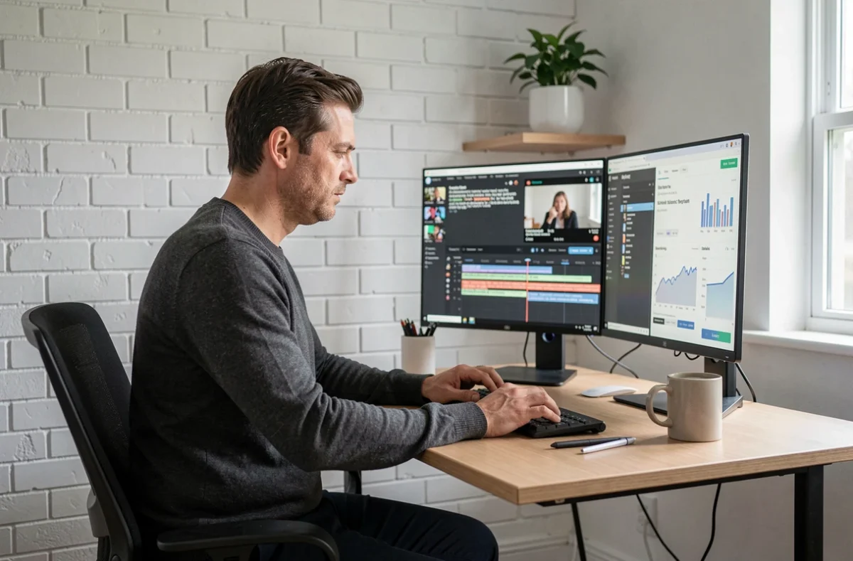 Stratège vidéo travaillant sur des sous-titres et des analytics marketing depuis un bureau à domicile moderne avec double écran