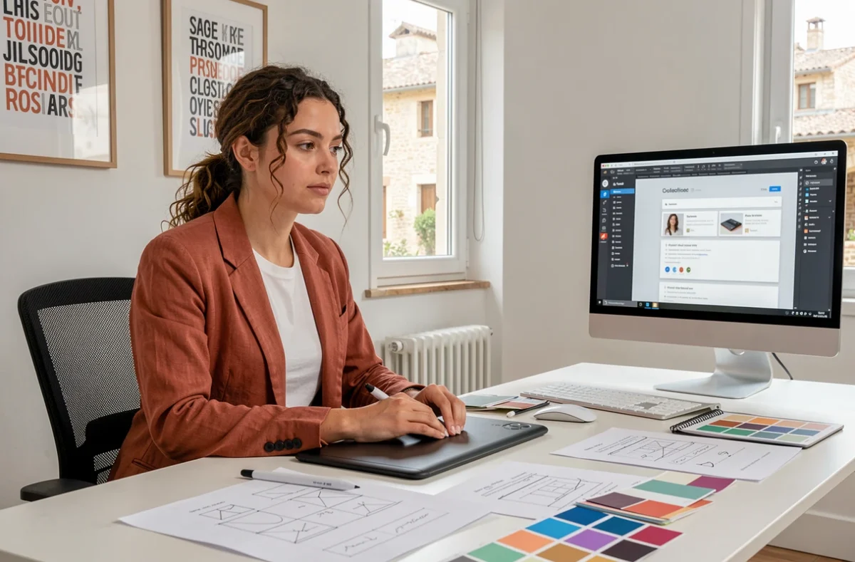 Designer et développeuse front-end dans un studio créatif à Aix-en-Provence avec maquettes UI et tablette graphique