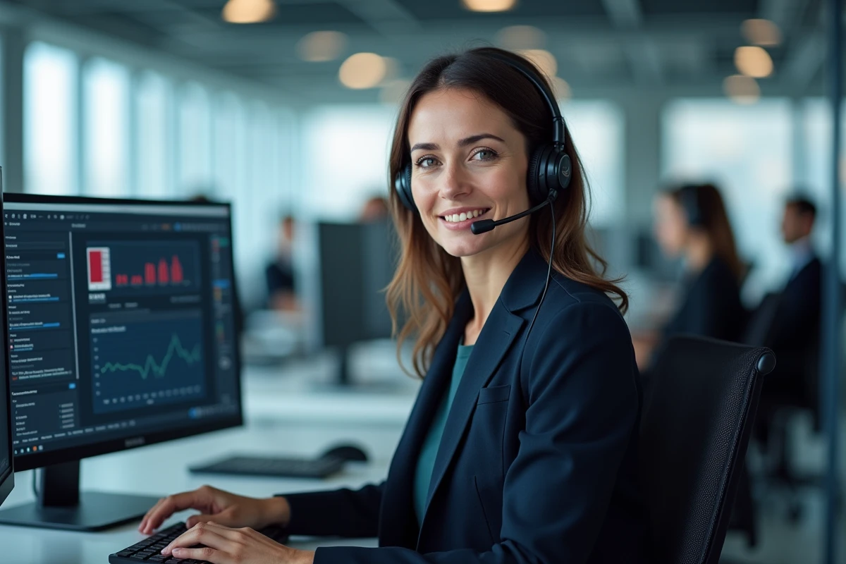 Conseillère du support technique Alice ADSL avec casque téléphonique devant des écrans d'interface de diagnostic de connexion internet