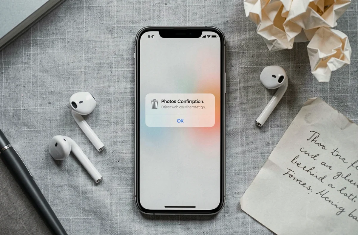 Gros plan d'un iPhone affichant une alerte de suppression définitive de photos