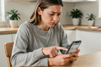Femme cherchant à supprimer un sondage sur Messenger depuis son smartphone avec une expression perplexe