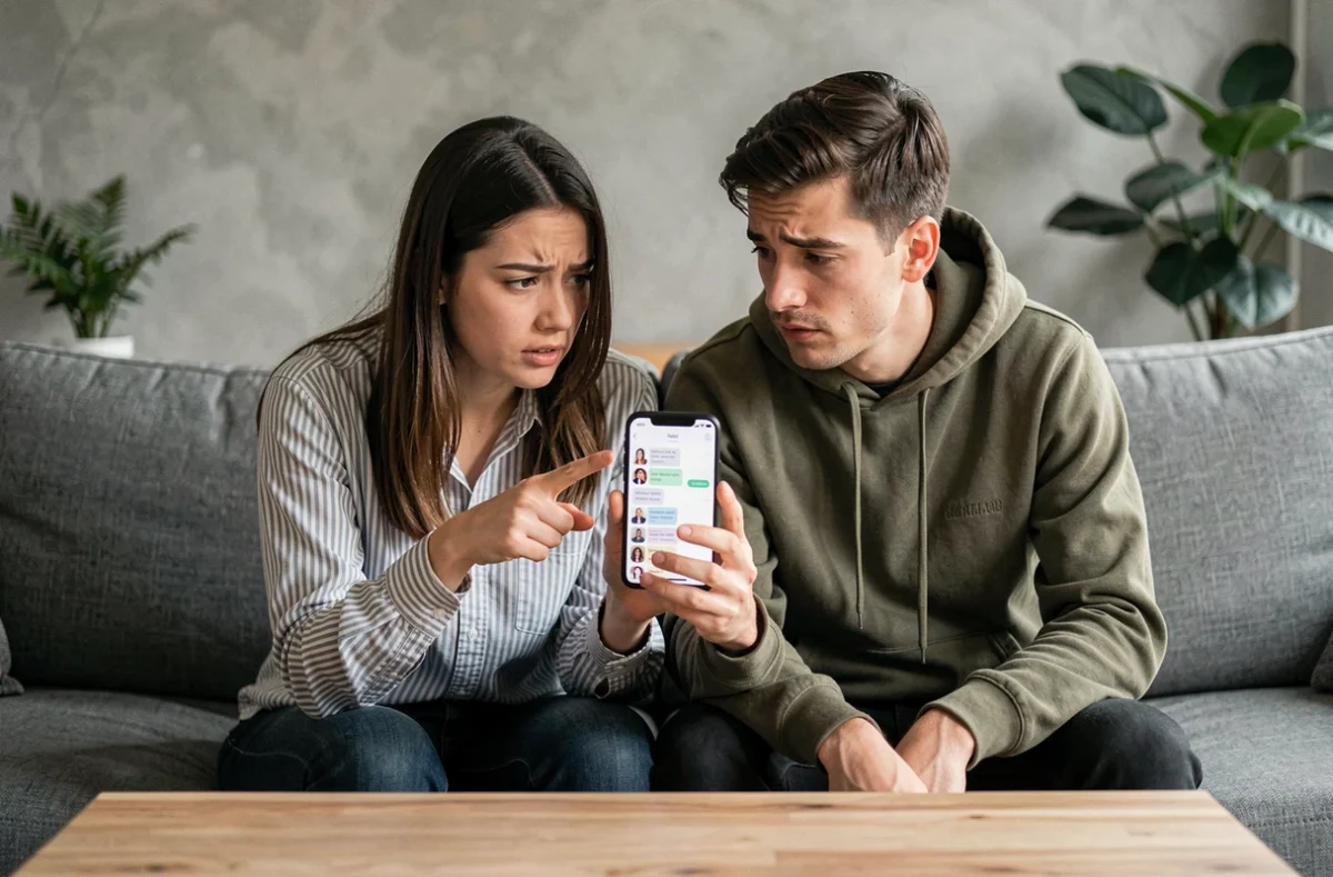 Deux amis perplexes essayant ensemble de supprimer un sondage sur Messenger dont le bouton a disparu