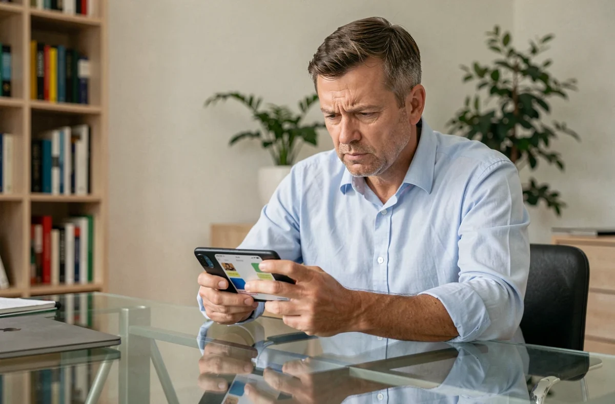Homme en télétravail cherchant à supprimer un sondage disparu dans une conversation Messenger sur smartphone