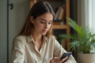 Jeune femme utilisant WhatsApp sur son smartphone pour surligner un message texte avec une alternative de mise en valeur