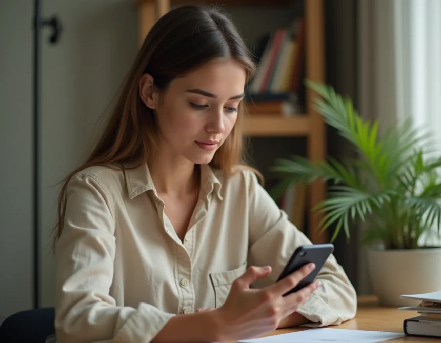 Jeune femme utilisant WhatsApp sur son smartphone pour surligner un message texte avec une alternative de mise en valeur