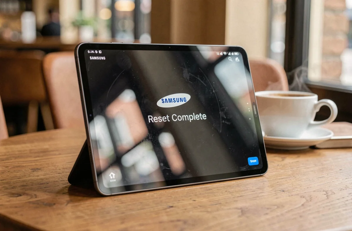 Tablette Samsung affichant la confirmation de réinitialisation complète posée dans un café