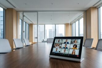 Tablette de visioconférence posée sur une table de salle de réunion moderne affichant un appel vidéo en cours