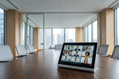 Tablette de visioconférence posée sur une table de salle de réunion moderne affichant un appel vidéo en cours