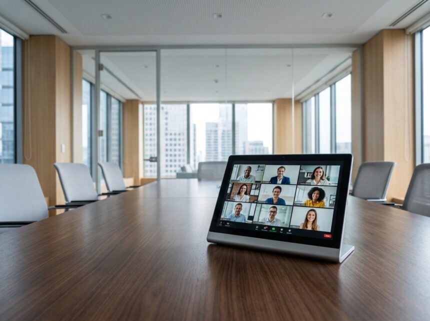 Tablette de visioconférence posée sur une table de salle de réunion moderne affichant un appel vidéo en cours
