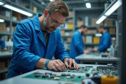Technicien en électronique assemble un circuit dans un laboratoire propre