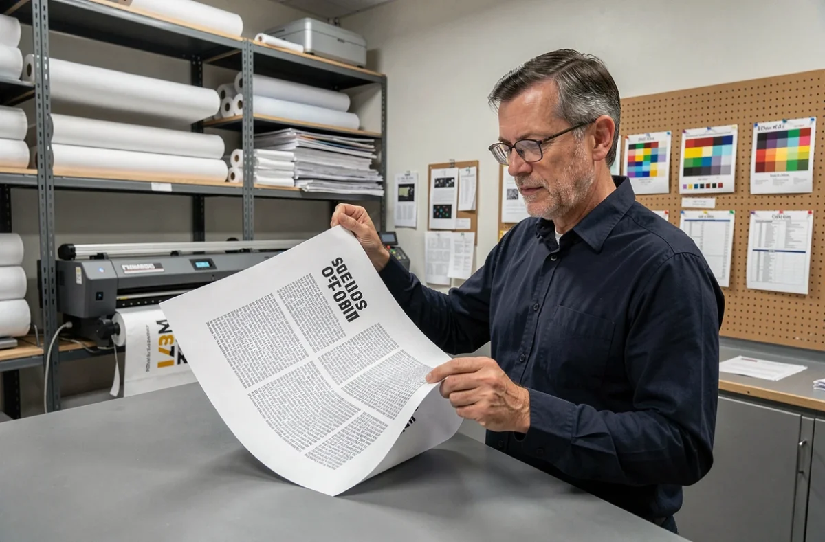 Technicien en imprimerie comparant une épreuve imprimée en miroir avec un fichier Word de référence dans un atelier professionnel
