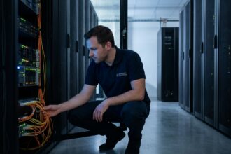 Technicien informatique inspectant un rack de serveurs dans une salle informatique professionnelle à Lyon