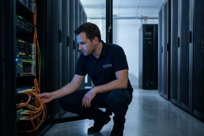 Technicien informatique inspectant un rack de serveurs dans une salle informatique professionnelle à Lyon