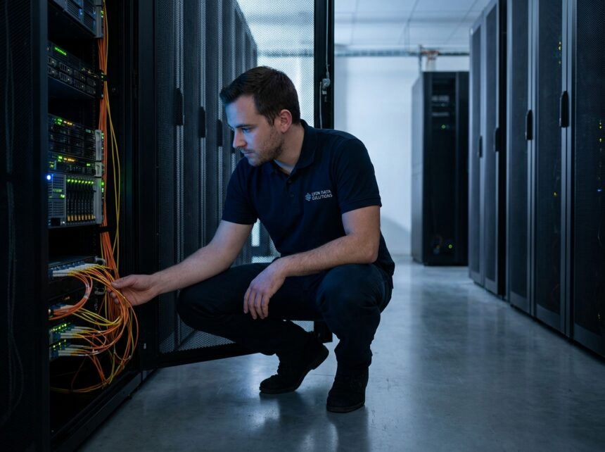 Technicien informatique inspectant un rack de serveurs dans une salle informatique professionnelle à Lyon