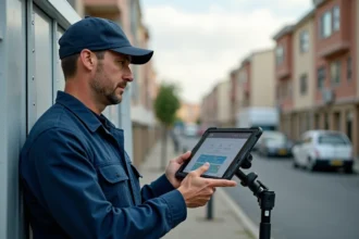 Technicien de terrain consultant une application de gestion centralisée sur tablette industrielle devant un immeuble résidentiel