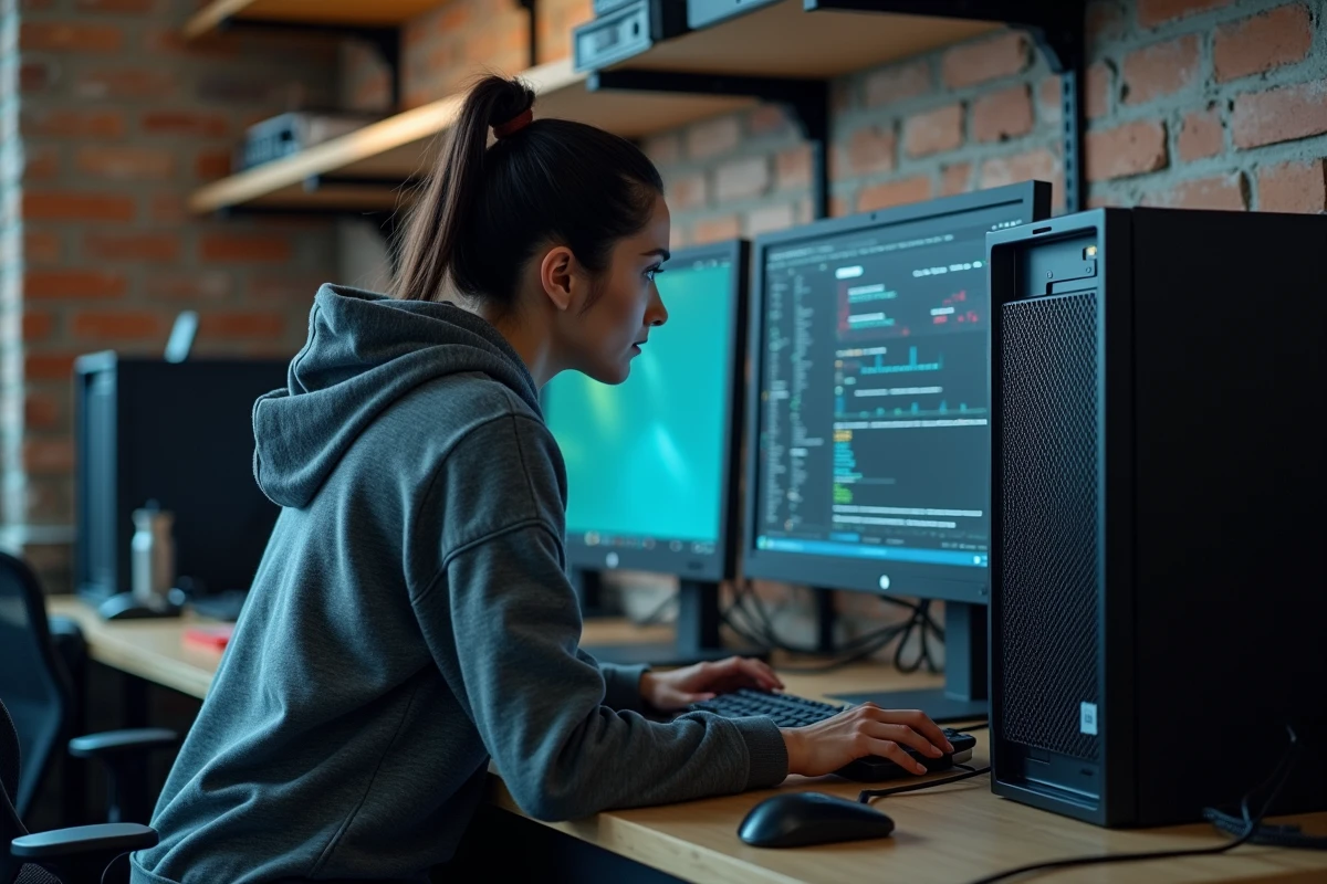 Technicienne analysant le tableau de bord de protection Windows Defender sur un grand écran dans un atelier informatique