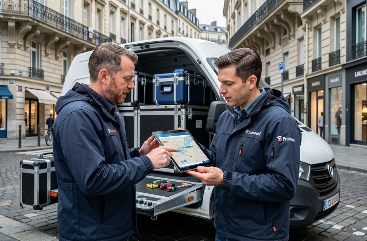 Deux techniciens Technofix devant leur véhicule d'intervention équipé pour le dépannage multisite à Lyon