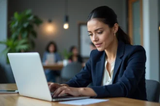Femme professionnelle utilisant un tableau de bord numérique sur ordinateur portable en 2026, illustration des changements Idivov pour les utilisateurs