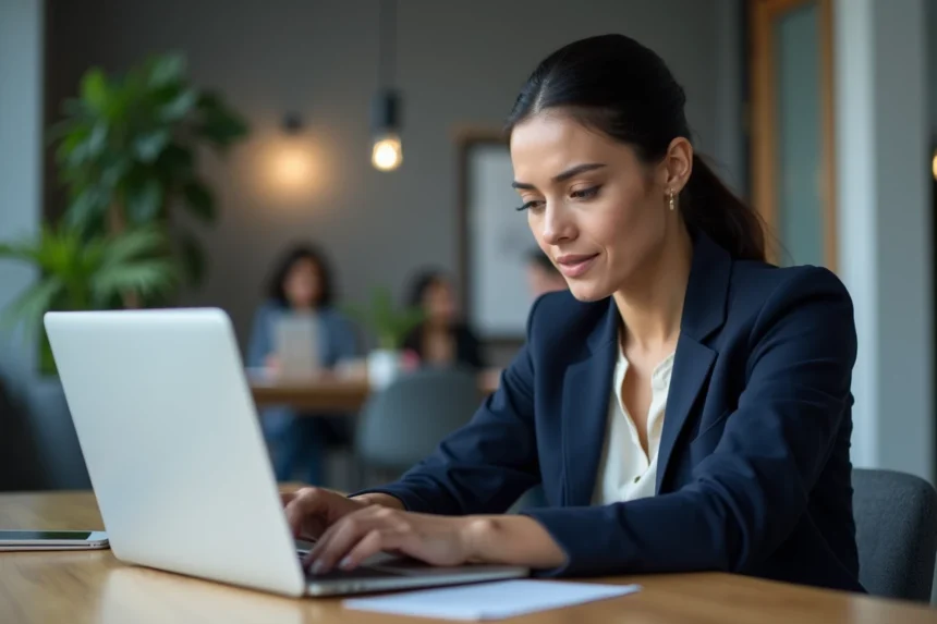 Femme professionnelle utilisant un tableau de bord numérique sur ordinateur portable en 2026, illustration des changements Idivov pour les utilisateurs