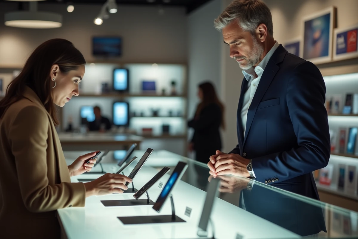 Vendeur présentant des téléphones PGP à une cliente méfiante dans une boutique spécialisée, soulignant les risques d'arnaques commerciales