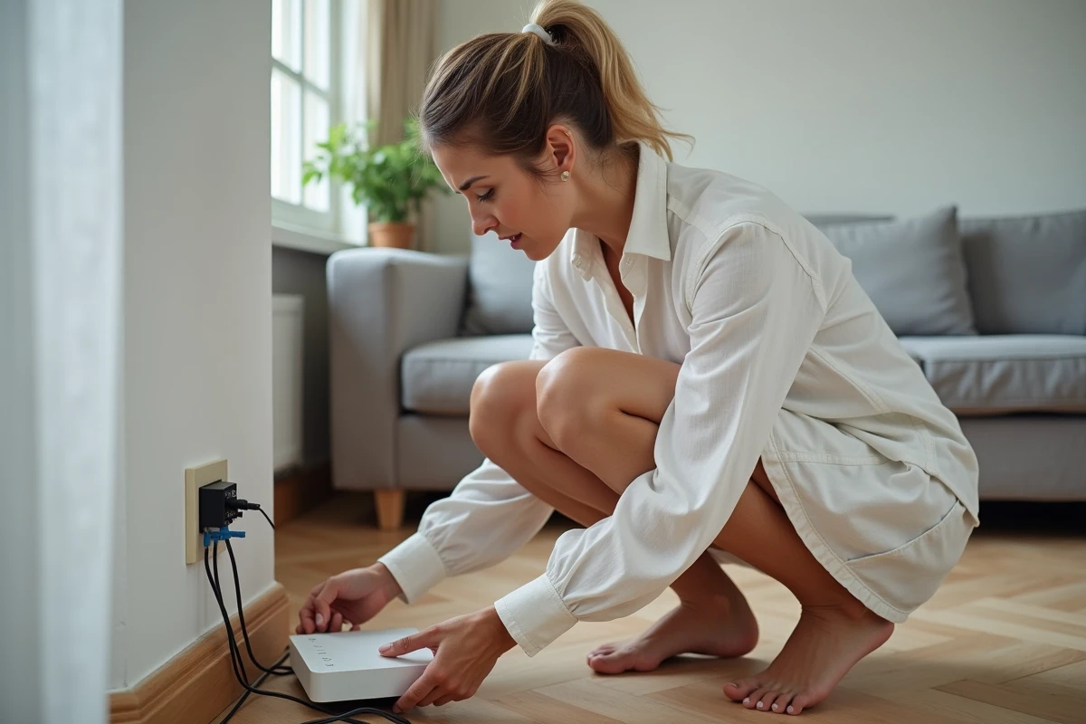 Femme vérifiant les câbles de connexion d'un routeur ADSL branché sur une prise téléphonique murale dans un salon moderne