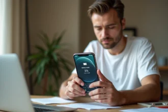Homme vérifiant l'état de la batterie d'un iPhone 14 Pro dans les paramètres de l'appareil