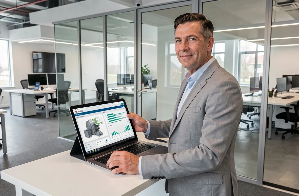 Consultant Visiativ présentant des solutions de transformation numérique industrielle sur une tablette dans un showroom technologique