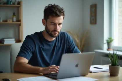 Homme consultant une notification de sécurité Windows Defender sur son ordinateur portable dans un bureau minimaliste